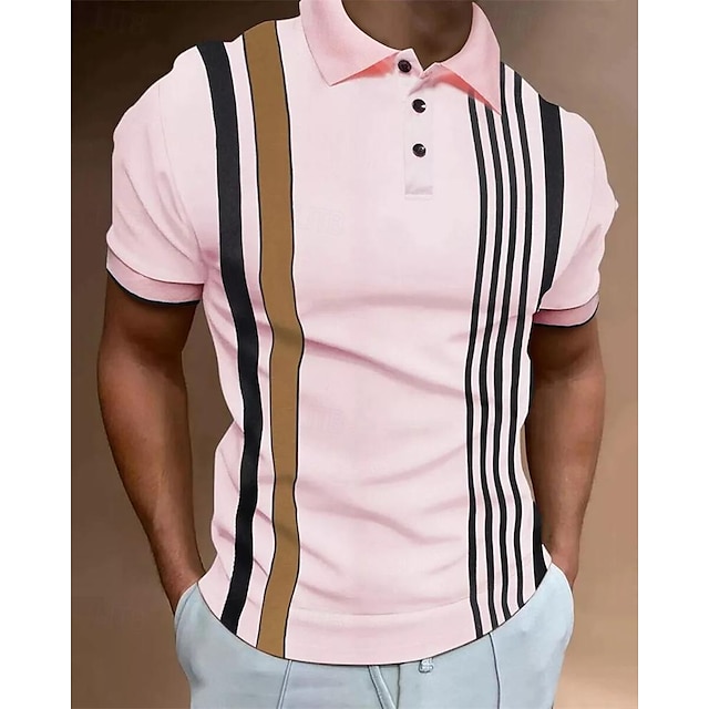  Men's Golf Shirt Golf Polo Work Casual Lapel Short Sleeve Basic Modern Color Block Stripes Patchwork Button Spring & Summer Regular Fit White Pink khaki Light Blue Golf Shirt