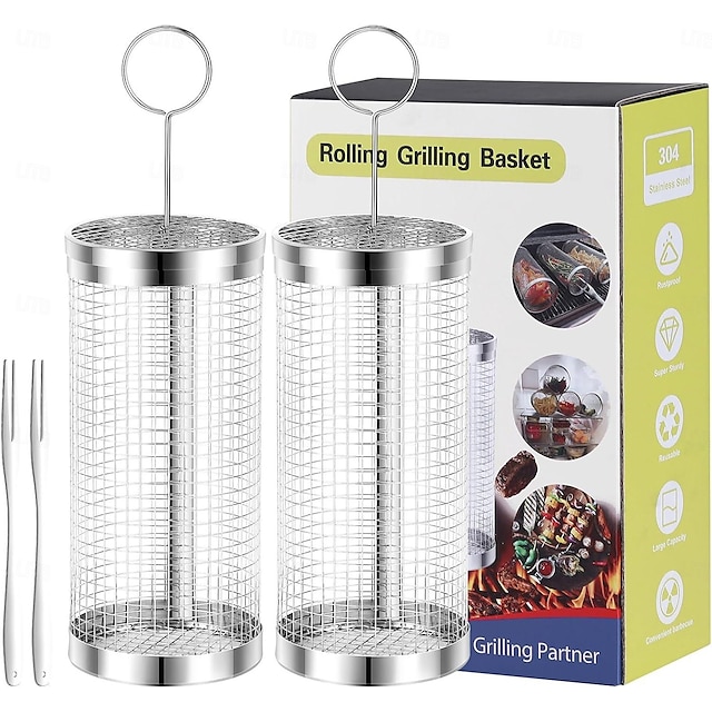 2pcs Stainless Steel Rolling Grilling Basket For Outdoor Grilling - BBQ Grill Basket, Grill Accessories Portable Barbecue Grilling Basket Nets Cylinder, Rolling Grilling Basket For Veggies, Vegetable