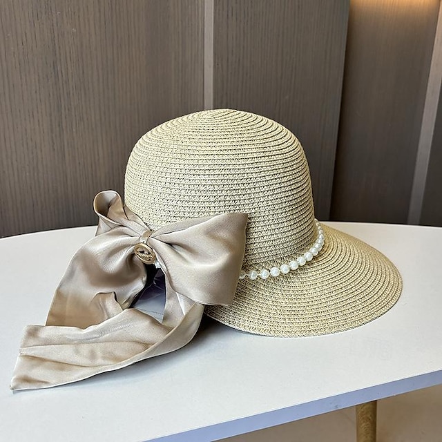  Hats Headwear Acrylic / Cotton Straw Bucket Hat Straw Hat Sun Hat Casual Holiday Elegant Retro With Feather Bowknot Headpiece Headwear
