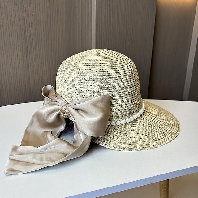  Chapeaux Coiffure Acrylique / Coton Paille Chapeau de seau Chapeau de Paille Chapeau de soleil Casual Vacances Elégant Rétro Avec Plume Noeud Casque Couvre-chef