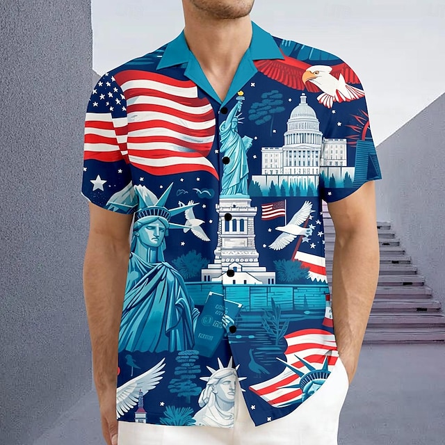  علم كاجوال رجالي قميص مناسب للبس اليومي مناسب للعطلات الصيف الياقة الكوبية كم قصير أزرق S, M, L 4-طريقة سترتش النسيج قميص