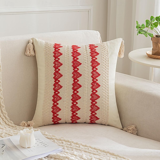  Throw Pillow Covers with Tassels for Farmhouse Living Room, Cotton & Burlap Textured Striped Woven Boho Pillow Covers (Beige & Brown, Single Striped)