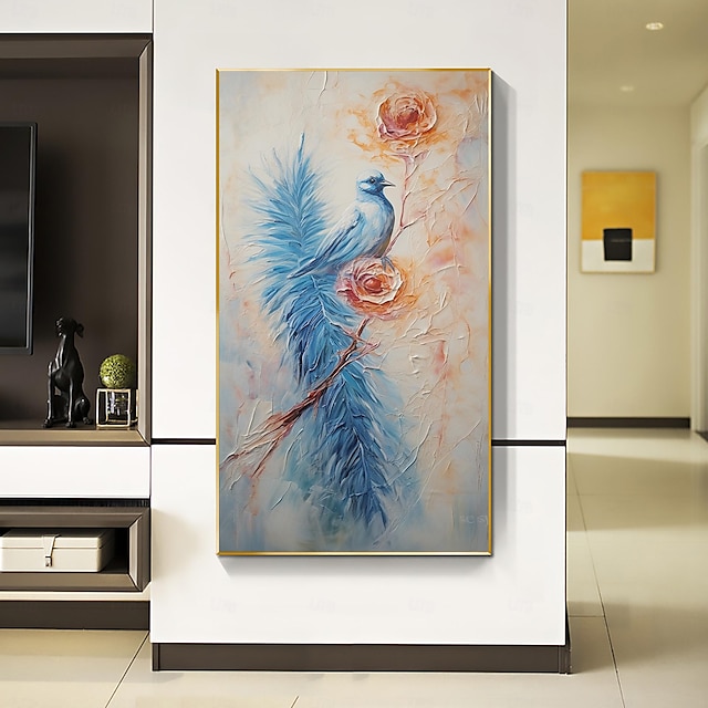  Handmade Original Blue Bird Oil Painting On Canvas Animal Wall Art Decor Thick Texture Abstract Feather Painting for Home Decor With Stretched Frame/Without Inner Frame Painting