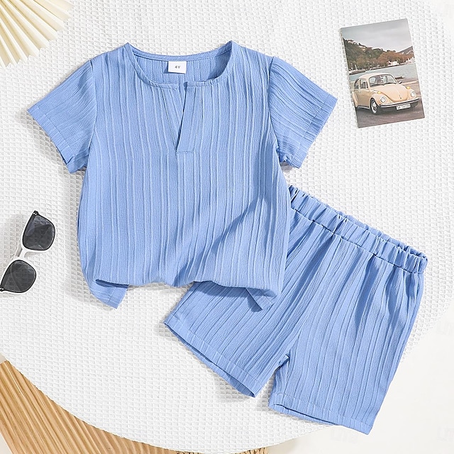 2 Pieces Toddler Boys T-shirt & Shorts Outfit Solid Color Short Sleeve V Neck Set School Neutral Fashion Summer 3-7 Years Blue