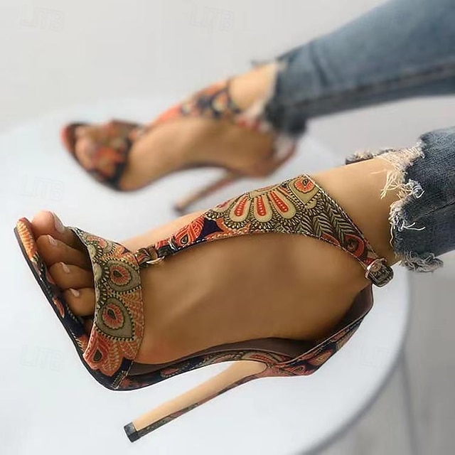  Women's Heels Sandals Print Shoes Sexy Shoes Ankle Strap Heels Party Beach Floral Peacock Feather Shoes And Bags Matching Sets Stiletto Round Toe Open Toe Elegant Bohemia Fashion Cloth Ankle Strap