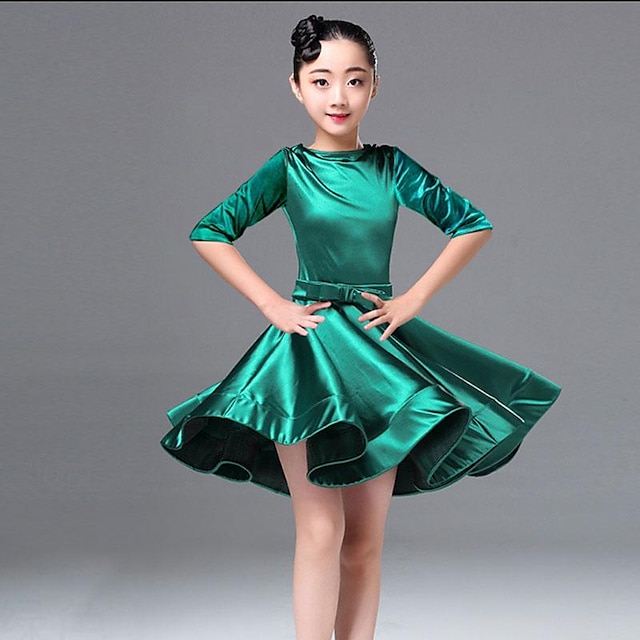  Λάτιν Χοροί Παιδικά Ρούχα Χορού Φόρεμα Καθαρό Χρώμα Κόψιμο Κοριτσίστικα Επίδοση Εκπαίδευση Μισό μανίκι Ψηλό Πολυεστέρας