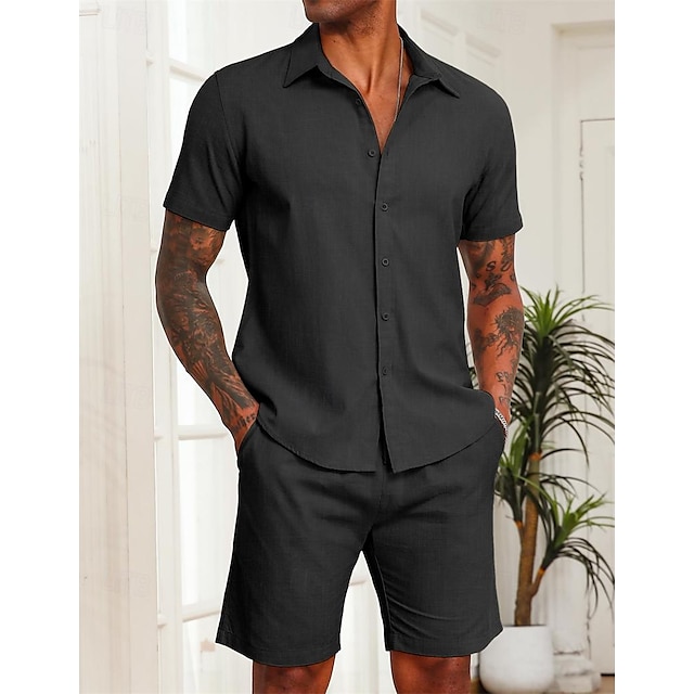  Men's Shirt Linen Shirt 2 Piece Shirt Set Black White Khaki Short Sleeves Plain Collar Summer Spring Outdoor Street Clothing Apparel Pocket