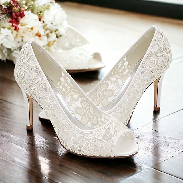  Femme Chaussures de mariage Maille Chaussures de mariée Dentelle Talon Aiguille Bout ouvert Satin Noir Blanche Ivoire