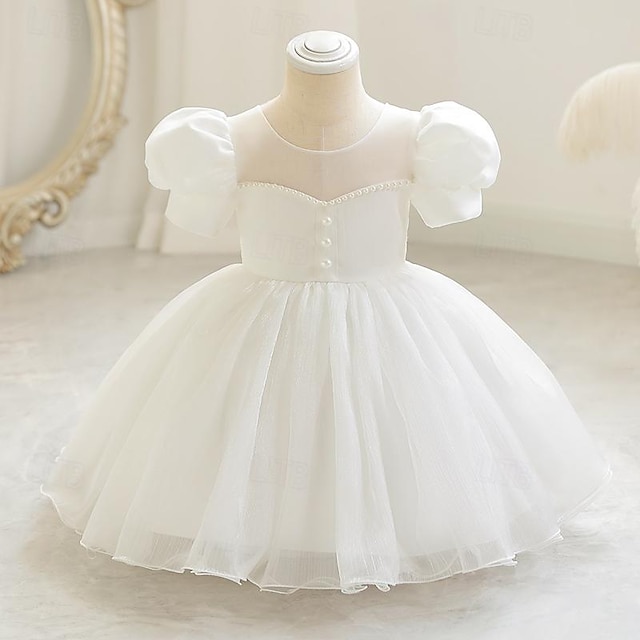  Kids Girls' Party Dress Solid Color Short Sleeve Wedding Special Occasion Zipper Puff Sleeve Adorable Sweet Cotton Polyester Knee-length Tiered Dress Summer Spring Fall 3-12 Years White Champagne Pink