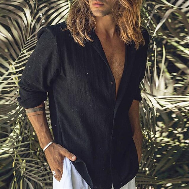 Men's Shirt Linen Shirt Casual Shirt Cotton Shirt Plain Vacation Street Black Short Sleeve Lapel Summer Clothing Apparel Button-Down2