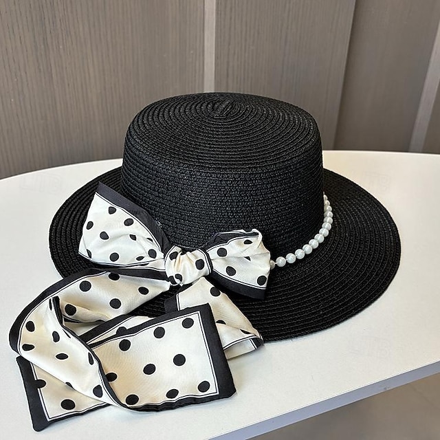  Hatter Hodeplagg Acryl / Bomull Strå Bøttehatt Stråhatt Solhatt Avslappet Ferie Elegant Retro Rød Med Imiterte Perler Bånd Hodeplagg Hodeplagg