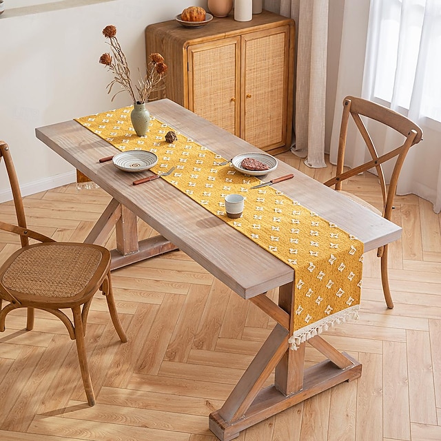  Tischläufer mit Quasten, Frühlingsstern-Applikation, Vintage-Stil, französisches Landhaus, doppellagiges Polyester