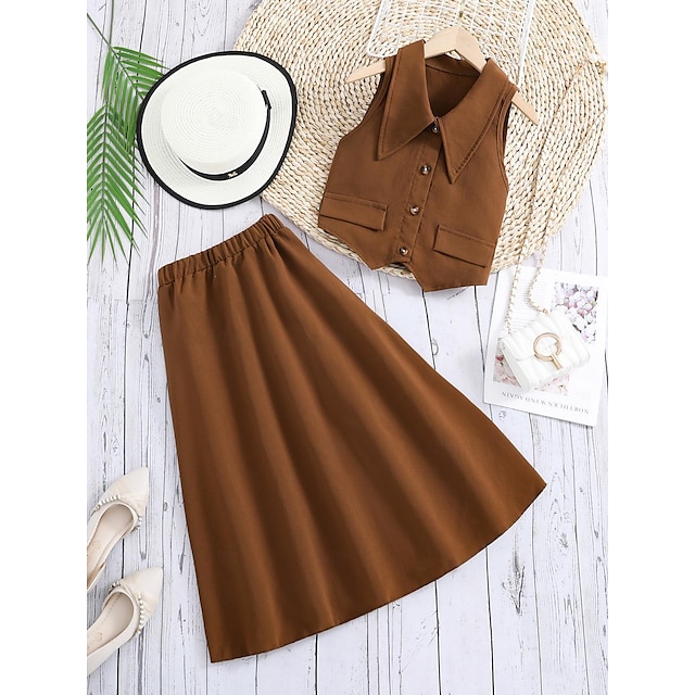  2 Pieces Kids Girls' Solid Color Dress Suits Set Sleeveless Fashion School 7-13 Years Summer Coffee