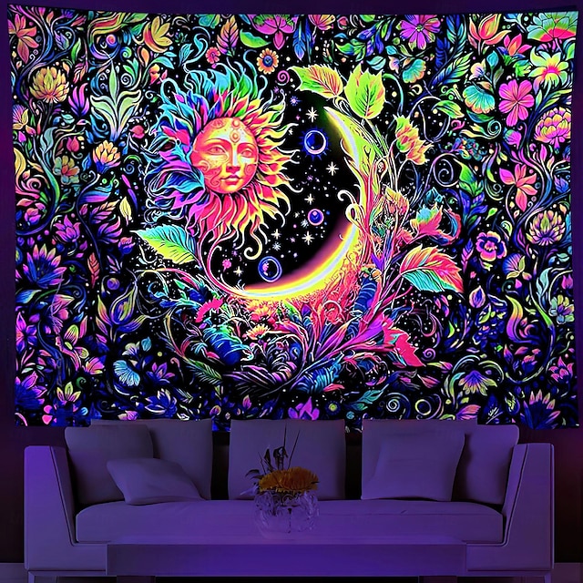  Blacklight Tapestry UV Reactive Glow in the Dark Sun and Moon Floral Plant Trippy Misty Nature Landscape Hanging Tapestry Wall Art Mural for Living Room Bedroom