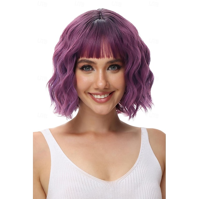  Sliver Purple Green Pink Wavy Bob Wig with Bangs Natural Ombre Purple Wig Synthetic Hair Shoulder Length Short Curly Wigs for Women