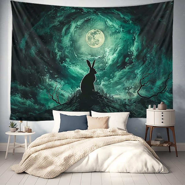  Rabbit under Moon Hanging Tapestry Wall Art Large Tapestry Mural Decor Photograph Backdrop Blanket Curtain Home Bedroom Living Room Decoration