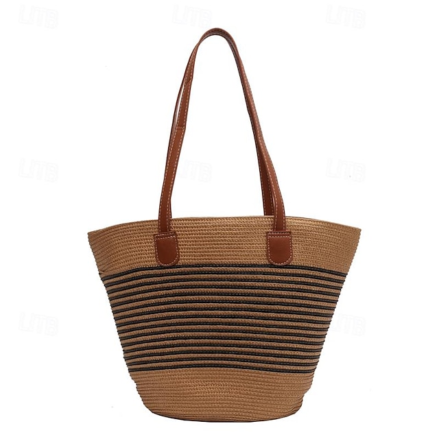  Women's Shoulder Bag Beach Bag Straw Bag Straw Holiday Beach Large Capacity Lightweight Geometric Brown Khaki