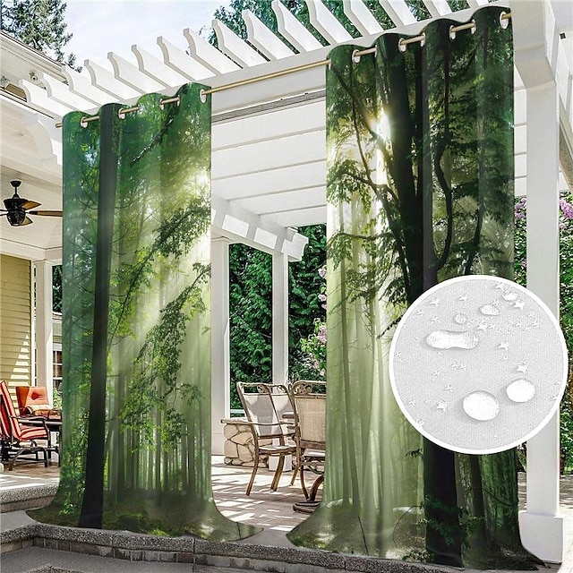  Outdoor Curtains Waterproof Windproof Weatherproof Curtain for Patio, Cabana, Porch, Pergola and Gazebo, Grommet Top Drape, 2 Panels Forest Landscape