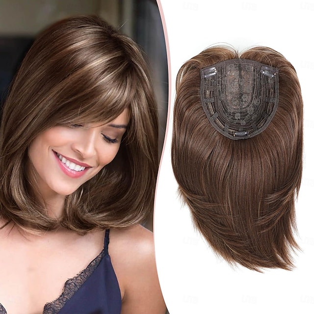  7x7inch Hair Toppers for Women with Large Base Cover for Thining Hair or Hair Loss,Short Hair Toppers for Women with Thinning Hair Synthetic Toppers Hair pieces for women Brown with highlights