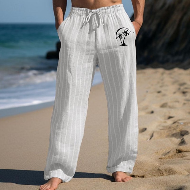  Men's Linen Pants Trousers Summer Pants Beach Pants Pocket Drawstring Elastic Waist Coconut Tree Stripe Comfort Breathable Daily Holiday Vacation Hawaiian Boho White Blue