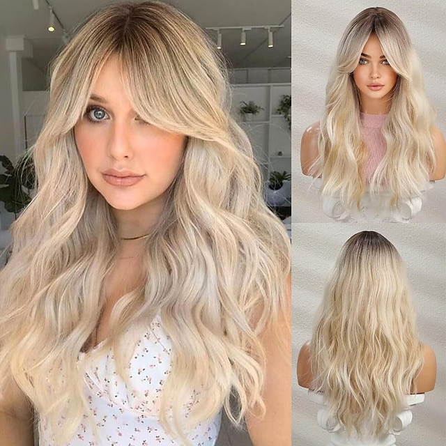  långa blandade blonda vågiga peruker för kvinnor syntetiskt hår peruk för dagligt bruk