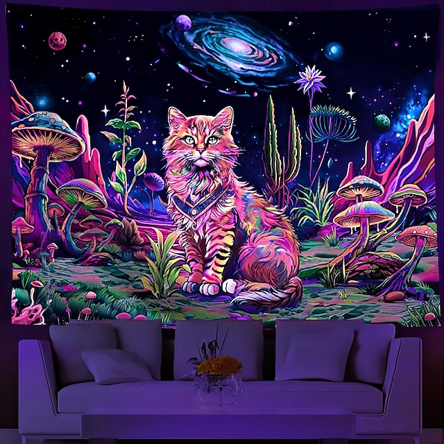  černá tapisérie uv reaktivní záře ve tmě galaxie kočka trippy mlhavé houby příroda krajina závěsná tapisérie nástěnná malba pro obývací pokoj ložnice