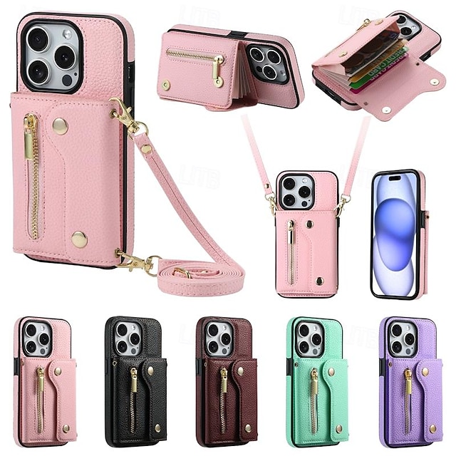  Phone Case For iPhone 15 Pro Max Plus iPhone 14 13 12 11 Pro Max Plus Mini SE Back Cover with Stand Holder Zipper with Lanyard Retro TPU Metal PU Leather