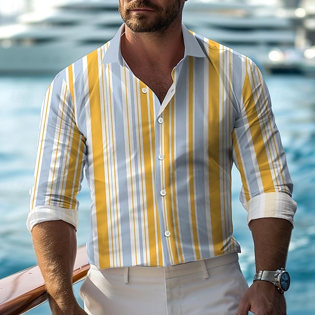  Fashion Casual Men's Printed Shirts Formal Fall Winter Spring & Summer Turndown Long Sleeve Yellow, Blue S, M, L 4-Way Stretch Fabric Shirt