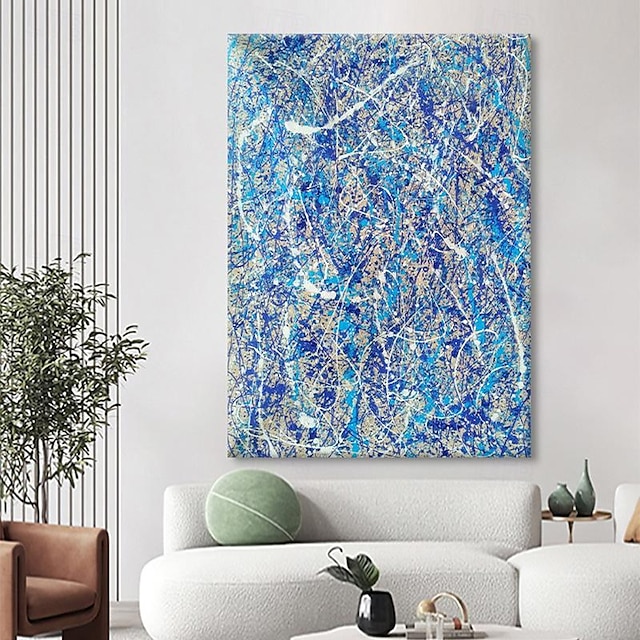  håndmalt jackson pollock abstrakt illustrasjon maleri blå hvite linjer lerret maleri for stuevegg (ingen ramme)