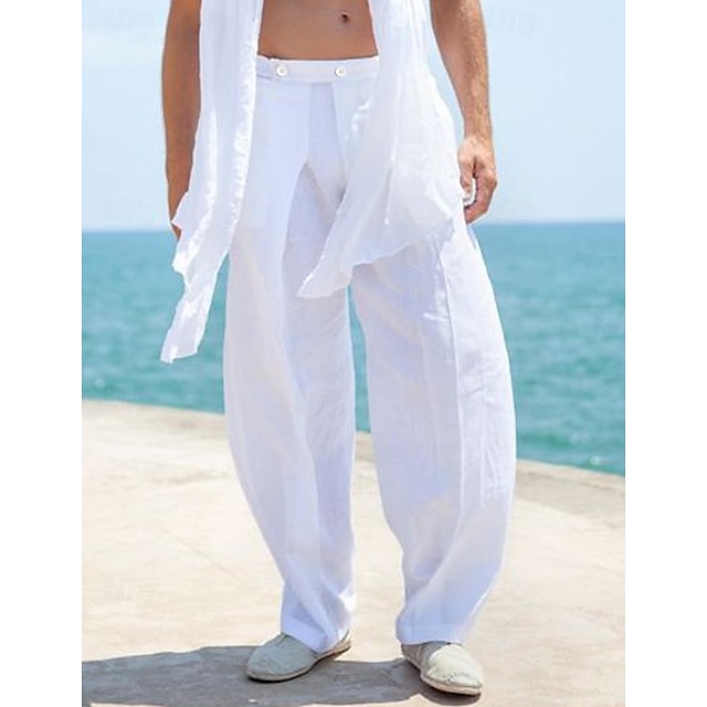  Bărbați Pantaloni de in Pantaloni Pantaloni de vară Pantaloni conici de morcov Pantaloni de plajă Buzunar frontal Pliuri Simplu Confort Respirabil Casual Zilnic Concediu Modă Șic Stradă Alb Kaki