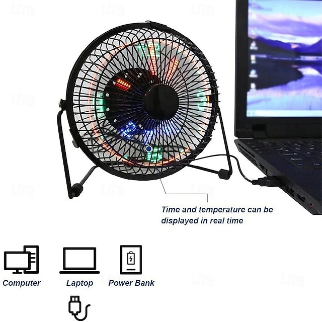  Ventiladores usb relógio temperatura ajustável portátil mudo ventilador silencioso mesa de carro ventiladores de arte de ferro de 4 polegadas
