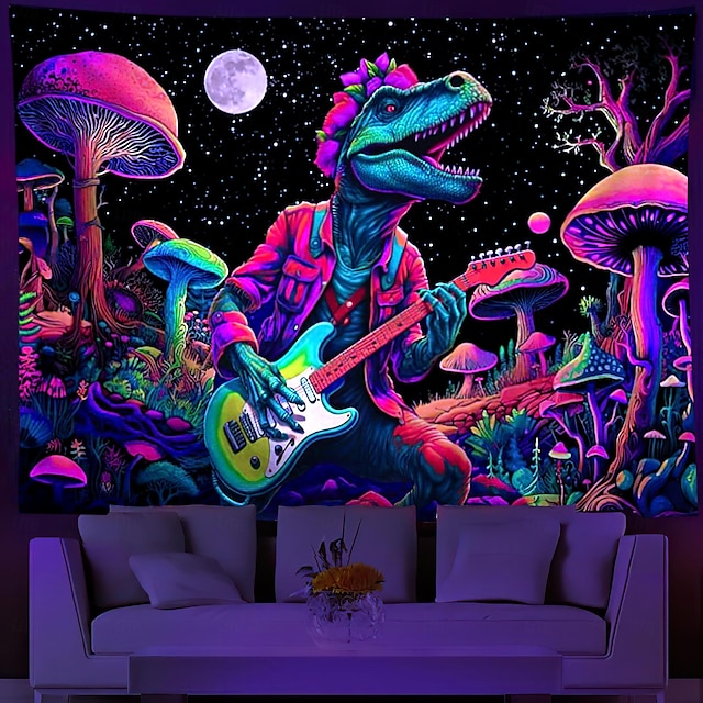  blacklight tapiserie UV reaktivní záře ve tmě Dinasour hra na kytaru trippy misty visící tapiserie nástěnná malba do obývacího pokoje ložnice