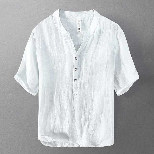  Pánské Košile plátěná košile Košile pro volný čas Bavlněná košile Černá Bílá Khaki Krátký rukáv Bez vzoru Do V Léto ulice Havajské Oblečení Tlačítko dolů