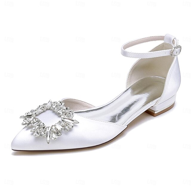  Pentru femei pantofi de nunta Pantofi Flați Cadouri de Valentin Pantofi albi Nuntă Petrecere Zilnic Apartamente de nuntă Piatră Semiprețioasă Toc Drept Vârf ascuțit Elegant Modă Satin Curea Gleznă