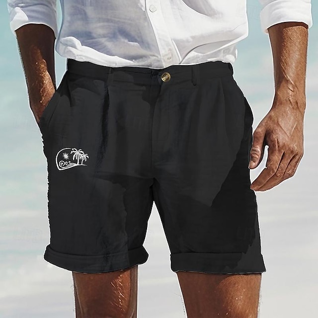 Men's Linen Shorts Summer Shorts Beach Shorts Button Pocket Coconut Tree Comfort Breathable Short Holiday Vacation Beach Hawaiian Boho Black White