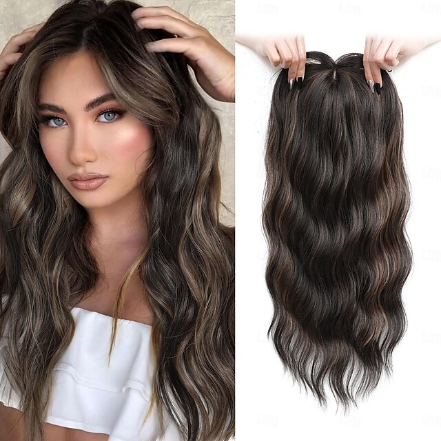  Hair Toppers for Women 20 inch Wavy Hair Toppers for Women Toppers Hair Pieces for Women with Thinning Hair Ombre Highlight Synthetic Wig Clip In Hair Topper Wiglets with Fringe Bang Add Hair Volume
