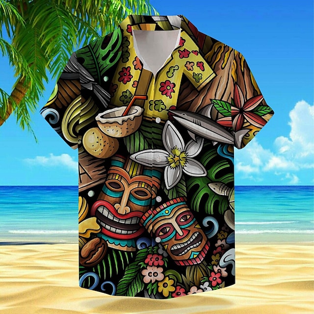  Floral Tropical Mask Vacation Hawaiian Men's Shirt Outdoor Hawaiian Holiday Summer Turndown Short Sleeve Mint Green Brown Dark Blue S M L Shirt