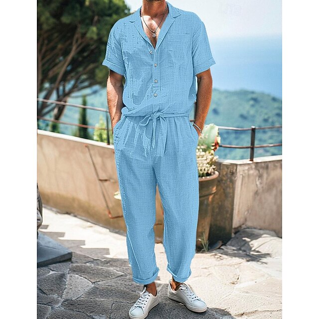  Men's Linen Pants Trousers Summer Pants Jumpsuit With Belt Front Pocket Pleats Plain Comfort Breathable Full Length Casual Daily Holiday Fashion Basic White Blue Micro-elastic