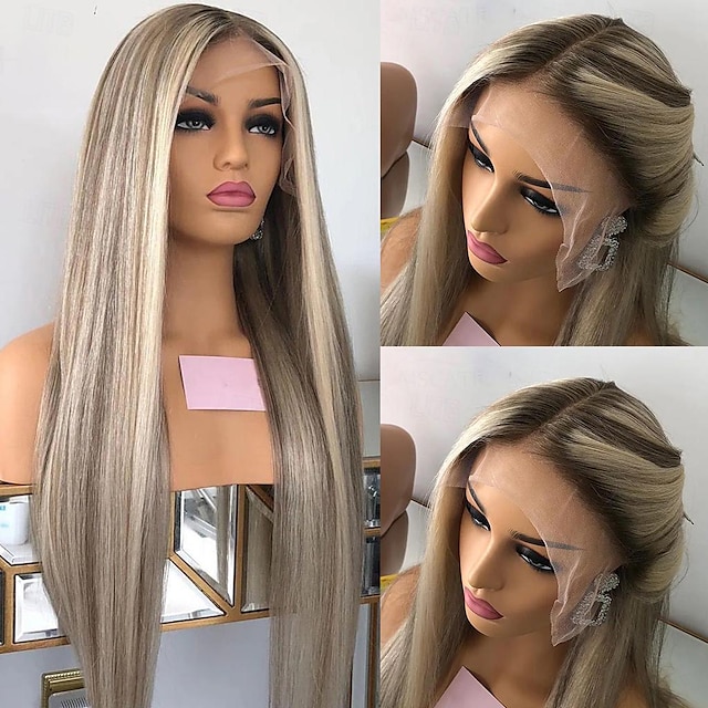  highlight 13x4 δαντέλα μπροστινή περούκα brazilian remy ανθρώπινα μαλλιά μεταξένια ίσια σταχτιά ξανθιά περούκα με μωρό μαλλί με λευκασμένους κόμπους προ-μαδημένη για γυναίκες