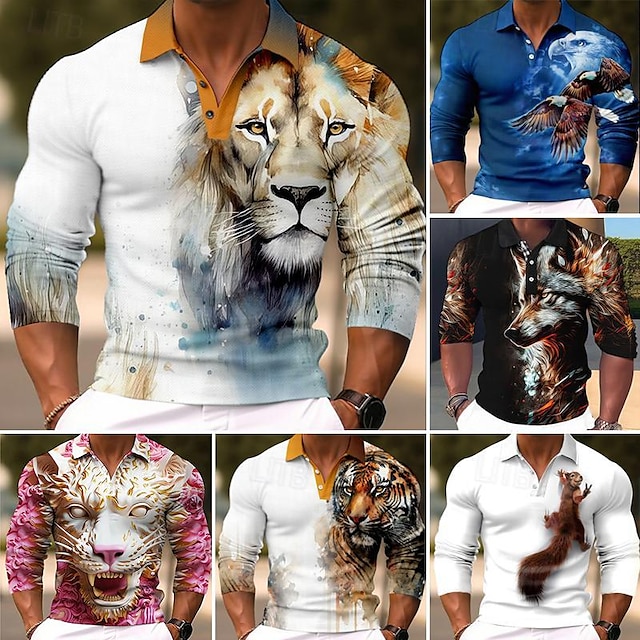  Homme POLO Tee Shirt Golf Animal Lion Imprimés Photos Col rabattu Rose Claire Blanche Cristal / Orange Jaune Vert Claire Extérieur Plein Air manche longue Imprimer Vêtement Tenue Mode Vêtement de rue