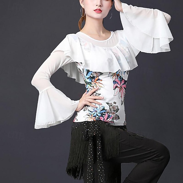 Latin Dance Ballroom Dance Top Printing Ruffles Splicing Women's ...