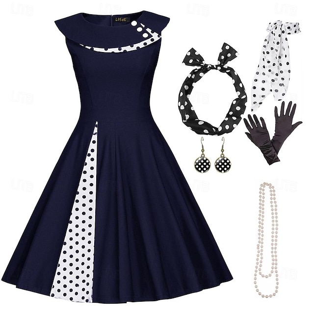  שנות ה-50 שמלת התלקחות 7 יחידות סט אביזרים משנות ה-50 רטרו וינטג' שמלת נדנדה לנשים קוספליי תחפושת מסיבת פסטיבל תאריך פסטיבל