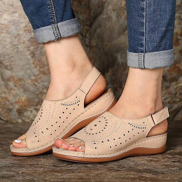  slingback sandaler för kvinnor för kvinnor sommarkomfort kilklack fisk mun öppen tå blommigt spänne ihåligt slip-on toffel vintage casual låga skor