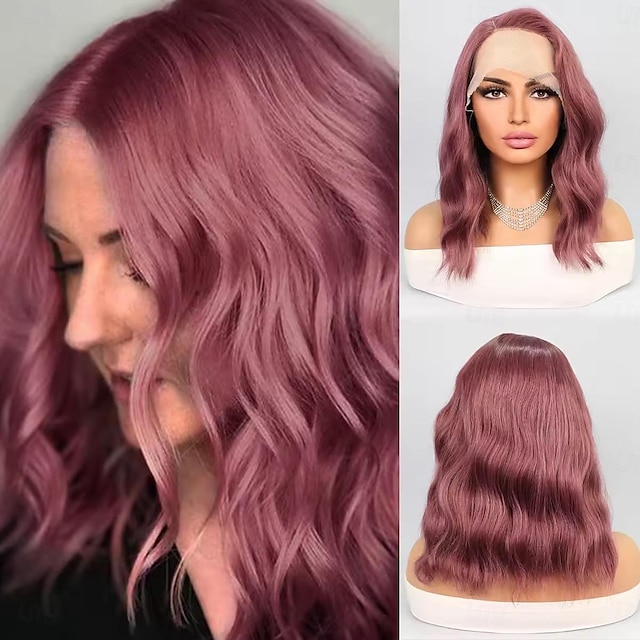  Synthetic Lace Wig Wavy Style 14 inch Purple Bob 13x4x1 T Part Lace Front Wig Women's Wig Violet Pink