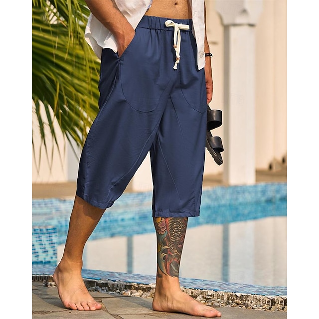  Men's Capri Pants Linen Shorts Summer Shorts Beach Shorts Harem Pants Pocket Drawstring Elastic Waist Plain Comfort Breathable Calf-Length Vacation Holiday Beach Hawaiian Boho Black White
