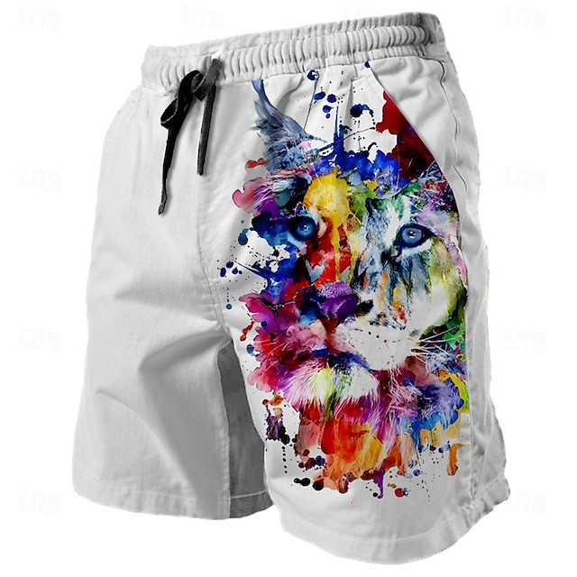  Men's Shorts Summer Shorts Casual Shorts Pocket Drawstring Elastic Waist Animal Lion Breathable Soft Short Casual Daily Holiday Fashion Streetwear Light Khaki White Micro-elastic