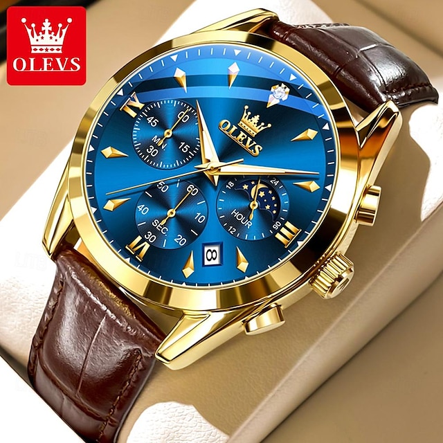  OLEVS Men Quartz Watch Fashion Casual Wristwatch Moon phase Luminous Calendar Chronograph Leather Strap Watch