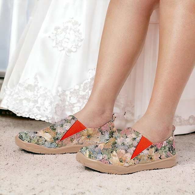  Női Tornacipők Lapos Slip-Ons Nyomtatási cipők Csúsztatható cipők Napi Vakáció Utazás Virágos Lapos Szabadság Alkalmi Kényelmes Gyalogló Vászon Papucs Sárga Rózsaszín Kék