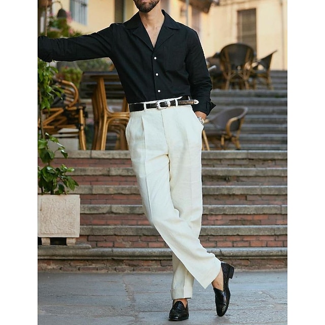 男性用 リネンパンツ ズボン サマーパンツ ポケット まっすぐな足 純色 履き心地よい 高通気性 足首丈 ビジネス 日常 ファッション ストリートファッション ベージュ 伸縮性なし