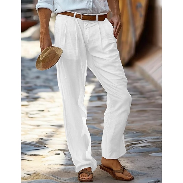  Bărbați Pantaloni de in Pantaloni Pantaloni de vară Buzunar frontal Pliuri Picior drept Simplu Confort Respirabil Casual Zilnic Concediu Modă De Bază Alb Trifoi